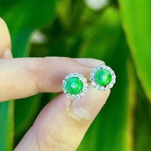 Hoa tai đồng điếu ngọc phỉ thuý xanh lục đế khung bạc 925_PT007