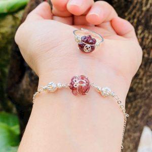 Set túi tiền thạch anh tóc đỏ lên bạc