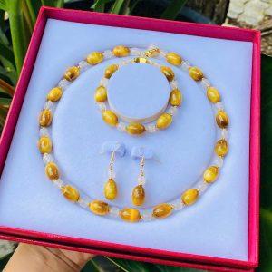 Set lu mắt hổ vàng tâm mix chalcedony trắng B1620A1