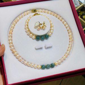 Sét Ngọc trai cam (hoa tai+vòng tay+vòng cổ)