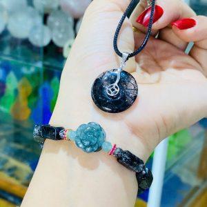 thạch anh tóc đen + hoa lam ngọc Mặt điếu khoá bạc