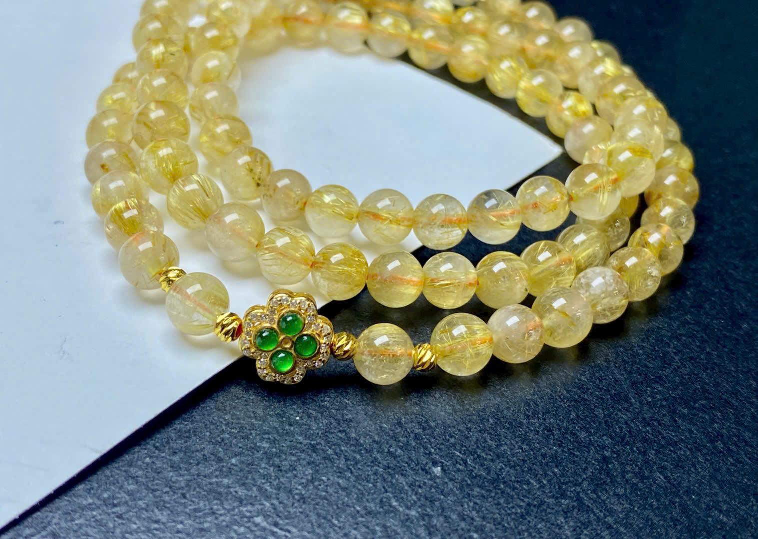Chuỗi thạch anh tóc vàng mix cham phỉ thuý  Size 6.2li